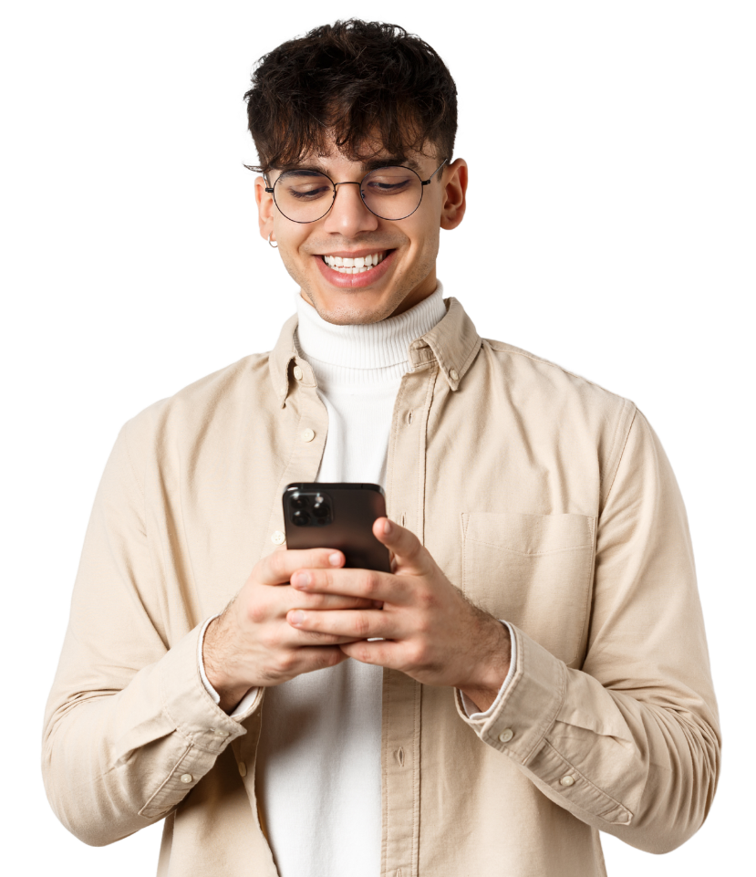 Smiling person with glasses using a smartphone